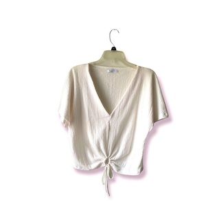 Zara White Textured Short Sleeve, Front Keyhole Drawstring Vneck Crop Top size L